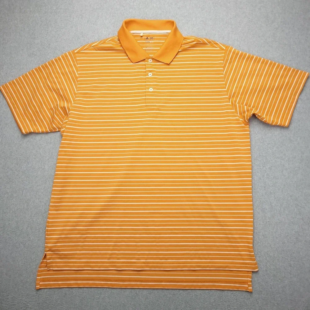 Adidas Polo Shirt Mens L Orange Stripe‎ Golf Climalite Performance Stretch Top